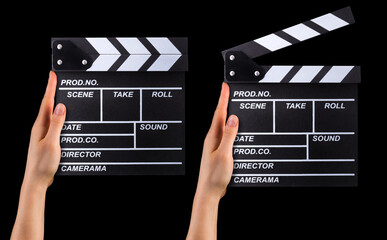 Set of film clapper boards and human hands isolated on black background