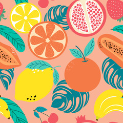 Hand drawn cute seamless pattern fruits, Orange, Banana, Pomeganate, Cherry, Strawberry, Lemon and leaf on orange pastel background. Vector illustration.