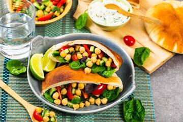 Veggie Pitas with Garbanzo Bean or Chickpea Salad. Selective focus.