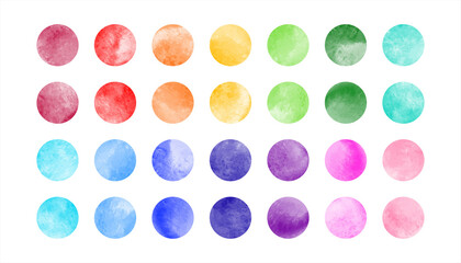 Watercolor circle shape stains, smears vector collection. Bright rainbow colors hand drawn spots, round smudges set. Colorful watercolour paint big dots illustration, design elements. Text background.