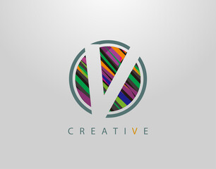 Creative V Letter Logo. Modern Abstract Circle Geometric Initial V Icon Design, sreated rith strips with pop art coloring.