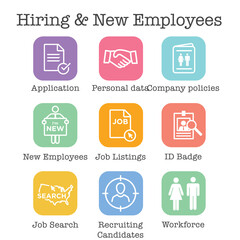 Hiring and Employees icons - job related images showing hiring