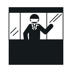 pictogram man wearing protective mask working at ticket booth, silhouette style