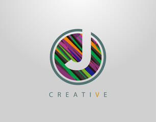 Creative J Letter Logo. Modern Abstract Circle Geometric Initial J Icon Design, sreated rith strips with pop art coloring.