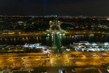 Panorama of Paris in the evening from the height of bird flight at sunset