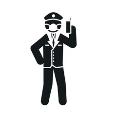 pictogram policeman with protective mask and holding a cellphone, silhouette style