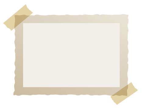 Real one brown frame of old photo with adhesive tapes. Vintage wavy edge. Place for your photo. Isolated on a white background. Vector.