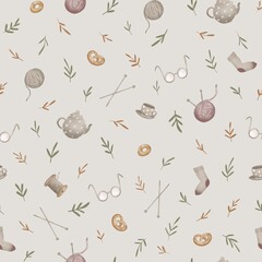 Seamless illustration with accessories for knitting. cozy pattern with items for grandma. background with threads. balls, knitting needles, glasses, pretzels and leaflets.