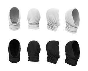 Headgear, buff, scarf, hat, hood. Faceless person. Invisible Man. Front, back, side view. White and black color. Blank template, mock up for design. 3d realistic illustration.