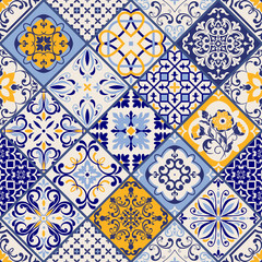 Seamless colorful patchwork in turkish style. Hand drawn background. Azulejos tiles patchwork. Portuguese and Spain decor. Islam, Arabic, Indian, ottoman motif. Perfect for printing on fabric or paper