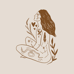 Tattooed girl long hair yoga meditation. Wild moonchild. Modern witch concept. Witchcraft culture. Harmony and zen. Crescent moon magic symbols. Vector illustration.