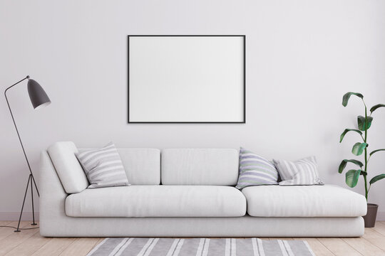 Mockup poster in modern living room interior background, 3D illustration. 3D render.