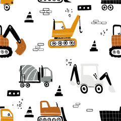 Vector hand-drawn seamless repeating children simple pattern with cars in Scandinavian style on a white background.Kids seamless pattern with building equipment. Funny construction transport © ZHUKO