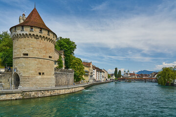 Panoramic view of Luzern / Lucerne with Reuss (Swiss German: Rüüss) river, Switzerland