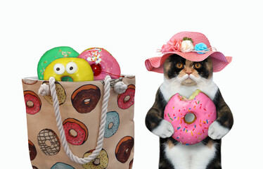 The multi colored cat in a straw hat is standing with a pink bitten donut near a cloth bag full of doughnuts. White background. Isolated.