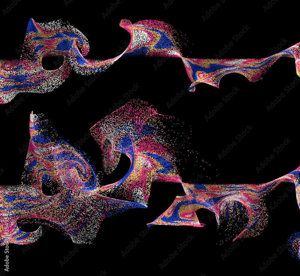 Poster 3d render of curling mass of particles. different phases.