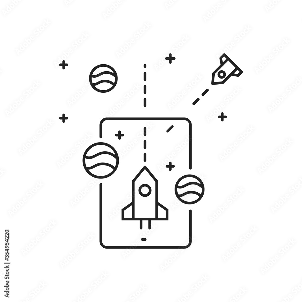 Poster augmented reality in game black line icon. space projection in a tablet. pictogram for web page, mob