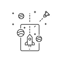 Augmented reality in game black line icon. Space projection in a tablet. Pictogram for web page, mobile app, promo. UI UX GUI design element.
