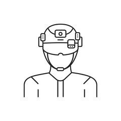 Augmented reality in military black line icon. Man in VR helmet. Pictogram for web page, mobile app, promo. UI UX GUI design element. Editable stroke