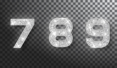 7,8,9 glitter typography design. Silver sparkling Numbers Design of greeting card of Happy new year design. Silver Shining Pattern. Vector illustration.