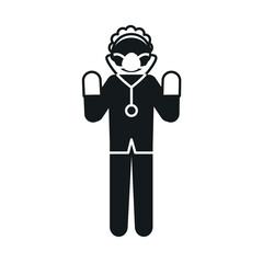 pictogram doctor woman with stethoscope and medical mask icon, silhouette style