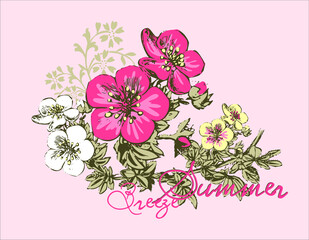 Summer flowers design on pink background vector character illustration