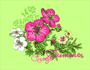 Summer flowers on green background design vector character illustration