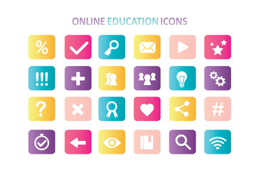 Set of online education icons. 24 icons for e-learning and internet education. Web signs template.