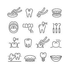 Dentistry related icons: thin vector icon set, black and white kit