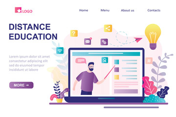 Distance education landing page template. E-learning, home schooling. Man tutor or teacher on display.