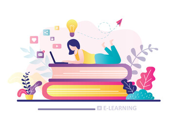 E-learning banner. Online education, home schooling. Girl student working on laptop. Web courses or tutorials.
