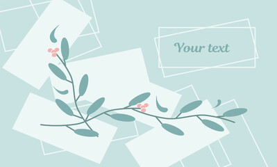 The banner is abstract with geometric shapes and colors in green. Background with plant branches with flowers, frames and rectangles in green with space for text for websites, booklets, invitations, p