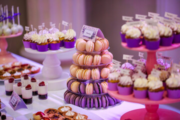 delicious candy bar with various sweets. cake pops, cupcakes, macaroons and others