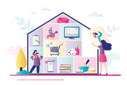 Home activities, entertainments and works. Family at home. House silhouette with rooms, people and household items