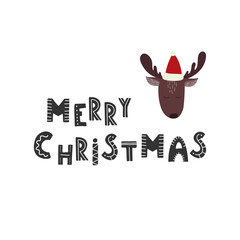 Merry Christmas. Cute deer with snowflakes background.