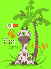 Cartoon funny giraffe on green background vector character illustration