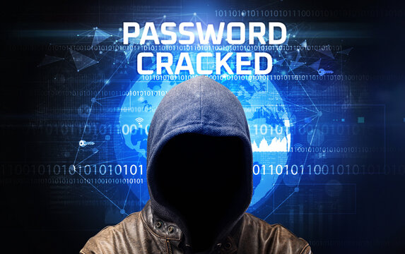 Faceless hacker at work with PASSWORD CRACKED inscription, Computer security concept