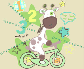 Cute giraffe on the bicycle vector character illustration