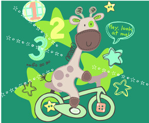 Cute giraffe on the funny bicycle vector character illustration