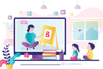 Fototapeta na wymiar E-learning banner. Online early childhood education courses. Free online preschool games, home schooling.