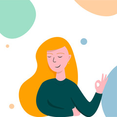 pleased blonde woman shows ok on her fingers that everything will be fine on a background with multi-colored ovals. Vector, flat illustration EPS. 