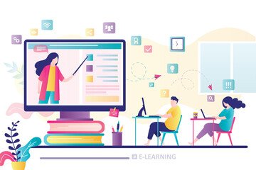 E-learning banner concept. Online education, home schooling. Group of students in distance learning. Web courses or tutorials
