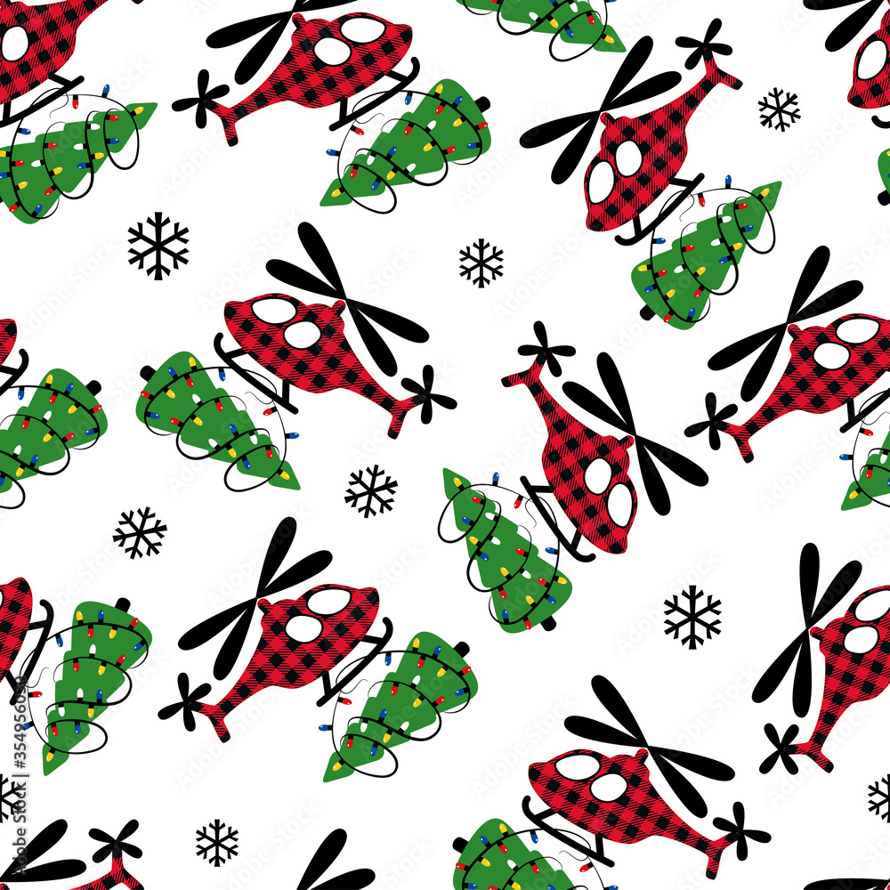 Wall mural . Buffalo plaid Christmas helicopter with Christmas tree.. Festive seamless pattern on a white background. Vector illustration.