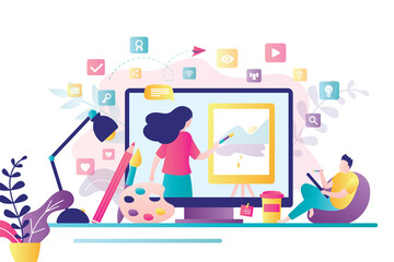 E-learning, distance education. Tutorials and web courses. Woman art teacher on screen and male student with brush
