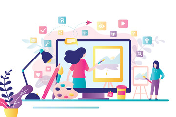 Online art class. E-learning, distance education. Tutorials and web courses. Woman art teacher on screen and girl student