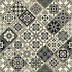 Seamless colorful patchwork in turkish style. Hand drawn background. Azulejos tiles patchwork. Portuguese and Spain decor. Islam, Arabic, Indian, ottoman motif. Perfect for printing on fabric or paper