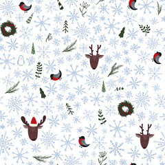 Christmas seamless pattern with deer, pinguin, bullfinch and snowflakes