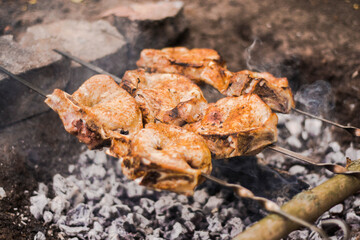 cooking juicy pork skewers in nature