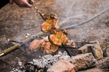 Fototapeta premium cooking juicy pork skewers in nature