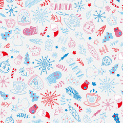 Seamless christmas pattern with Santa Claus, snow globe, candy cane, fir-tree, snoflakes, gift boxes, gloves etc.